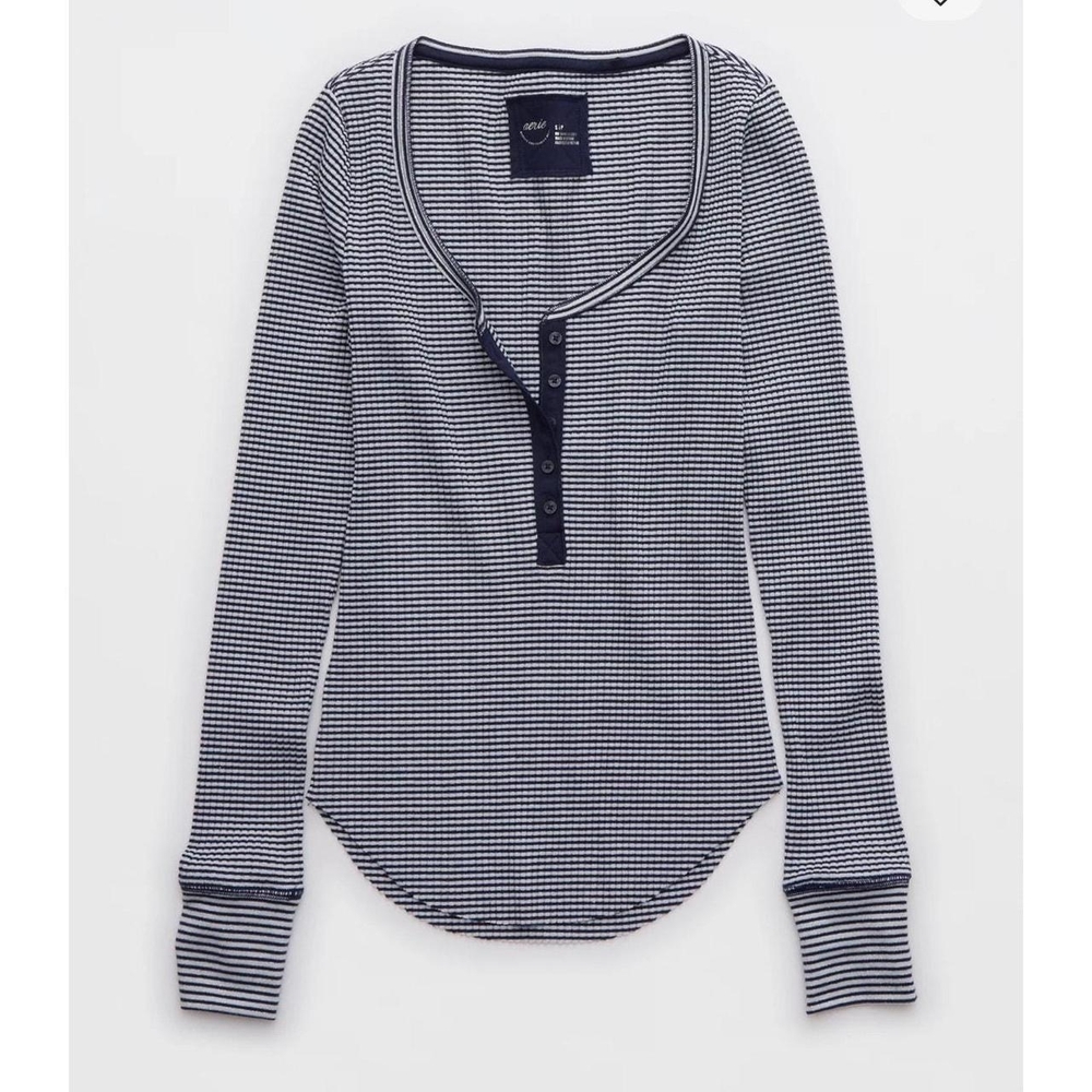 AERIE Long-Sleeve Navy & White Henley Top, Size Small